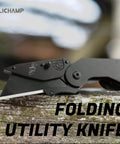 Six Pack Folding Utility Knife Set With Quick Change Box Cutter Belt Clip Replacement Blades Portable DIY Construction Tool For Outdoor And Warehouse Use Black folding knife on wood