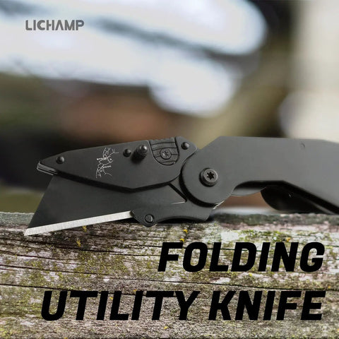 Six Pack Folding Utility Knife Set With Quick Change Box Cutter Belt Clip Replacement Blades Portable DIY Construction Tool For Outdoor And Warehouse Use Black folding knife on wood