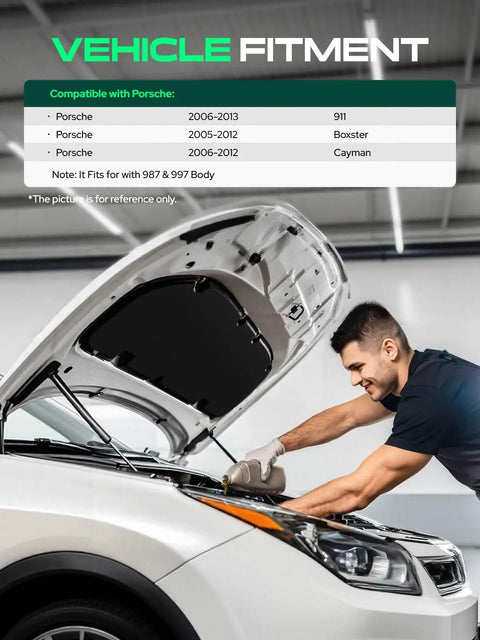 Mechanic installing Porsche Front Hood Lift Supports Set Of 2 Direct Fit Gas Struts Replacement For 911 2006 2013 Boxster 2005 2012