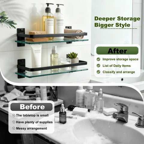 Three Pack Bathroom Glass Shelf Organizer Wall Mount Extra Thick 0.34 Inch Tempered Glass With Aluminum Frame Black Finish 15.7 Inch