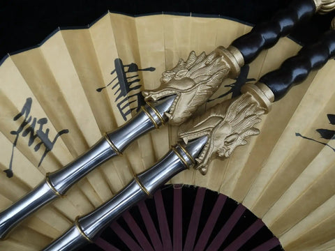 Handmade Chinese Kung Fu Sword Pair With Stainless Steel Blade And Brass Fittings 33 Inch Overall 25 Inch Blade Wood Handle