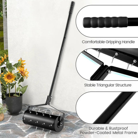 Beefy Rolling Lawn Aerator With Fillable Drum And 18 Inch Tine Spikes, showing handle and frame details on patio.