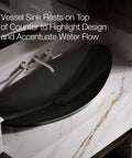 Modern Trough Vessel Bathroom Sink With Asymmetrical Oval Basin Double Faucet Ready Wall Mount Or Countertop Setup Smooth Overflow Drain Ultra Slim Durable Edge Design Big Time Upgrade For Luxe Vanities resting on a marble countertop.