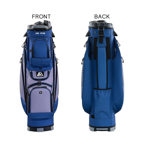 Front and back view of 14 Way Divider Top Golf Cart Bag with Quiet Design, Premium Cart Bag with Handles, Navy Grey Mens Golf Bag.