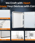 Open view of Outdoor IP67 Weatherproof Junction Box with inner door, lockable hole, wall brackets, and latches.