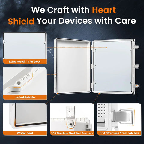 Open view of Outdoor IP67 Weatherproof Junction Box with inner door, lockable hole, wall brackets, and latches.