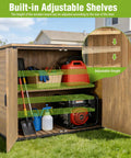 Outdoor Storage Shed With Sturdy Metal Frame And Wood Panels Weatherproof Trash Can Shed With Adjustable Shelves open with tools inside.