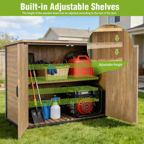 Outdoor Storage Shed With Sturdy Metal Frame And Wood Panels Weatherproof Trash Can Shed With Adjustable Shelves open with tools inside.