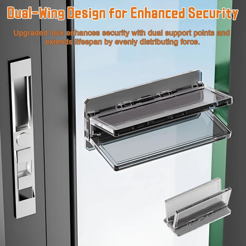 Two Pack Sliding Door Lock For Child Safety On Sliding Glass Doors And Windows With Extra Strong Adhesive And Easy No Tools Required For Peace Of Mind Heavy Duty Security, dual-wing design close-up