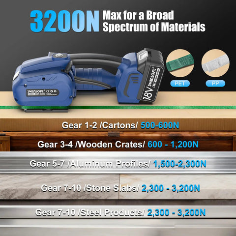 Slick Heavy Duty Electric Strapping Machine With Beefy 3200n Tension And Dual Swappable Batteries offering zero hassle pallet banding on a workbench.