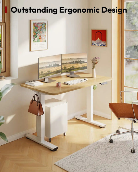 Spacious 40 Inch Height Adjustable Electric Standing Desk With Stable Base Perfect For Home Office ergonomic workstation with dual monitors.