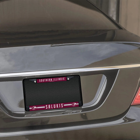 Car showing "Southern Illinois Salukis" license plate frame, black finish, mounted on trunk.