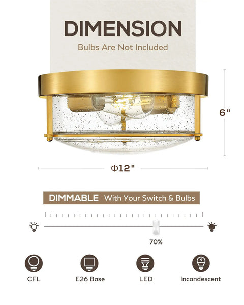 12 Inch Flush Mount Ceiling Light Fixture With Two Lights, Brass Gold Finish And Seeded Glass, showing dimensions and features