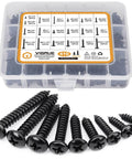 Over Four Hundred Piece Stainless Steel Black Wood Screws Set With Phillips Pan Head Self Tapping Coarse Thread organized in a box