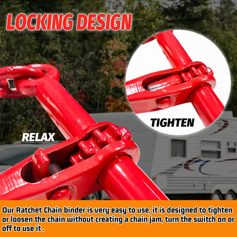 Close-up of locking design on Beefy Heavy Duty Ratchet Chain Binder One Quarter to Five Sixteenths Inch with G70 Grab Hooks.