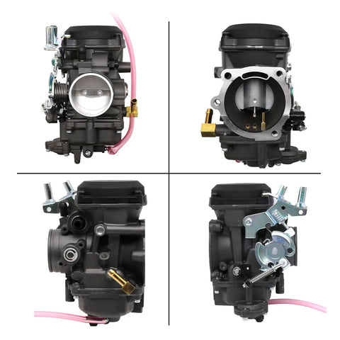 CV40 Carburetor Replacement Kit With Starter Valve Main Jets Slow Jets And Air Fuel Mixture Screw, front and side views