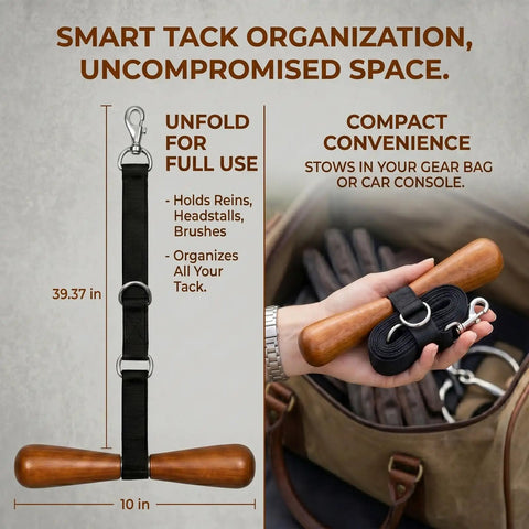 Portable Saddle T Hanger For Car And Trailer Heavy Duty Headrest Saddle Rack Organizer close-up with wooden handle detail