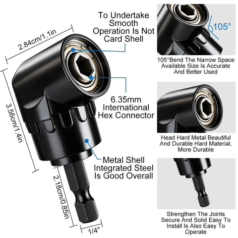 Premium Three Piece Impact Socket Adapter Kit with 1/4, 3/8 And 1/2 Inch Drive Includes Right Angle Drill Attachment For Tough Jobs At Home Or Work, 105° black metal