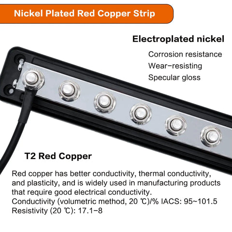 Hella Heavy Duty Copper Bus Bar Providing 600 Amp Juice For Rock Solid 8 Way Distribution Block Grounding And Smooth Auto Battery Wiring In Classic Red And Black, nickel plated with M10 studs.