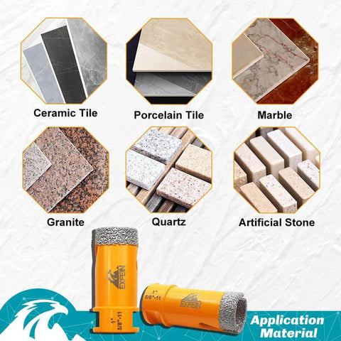 EXFEIN diamond core drill bits for tile; orange bits with 1/4", 5/16", 3/8" sizes; shown with ceramic, porcelain, and marble tiles.