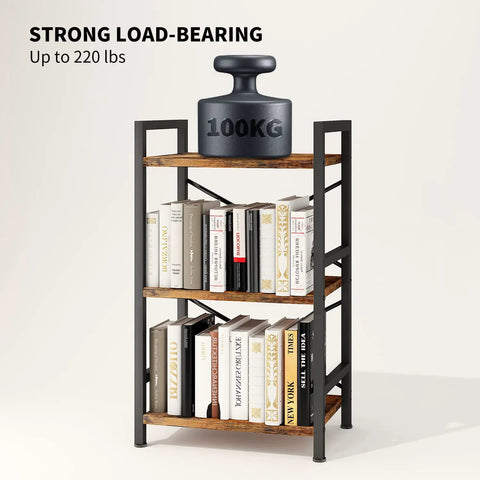 3 Tier Industrial Metal Bookcase With Rustic Brown Finish, Etagere Style Storage Shelf With Weight on Top Shelf
