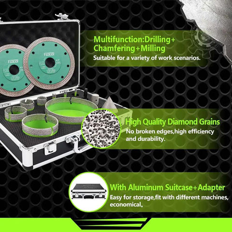 Diamond Tile Hole Saw Kit With 8 Diamond Core Bits Finger Bit Chamfer Bit Adapter And Tile Blade in open case