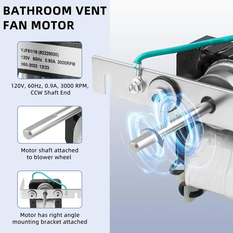 Image of a No Brainer DIY Friendly Replacement Bathroom Vent Fan Motor And Wheel Kit For 9415 Series Fans Including 9415F 9415H 9415N 9425 Fits 82229000 S82229000 C-82230 68627000 K7895 CCW 1 Year Service From Fetechmate, showing the motor and attached mounting bracket.