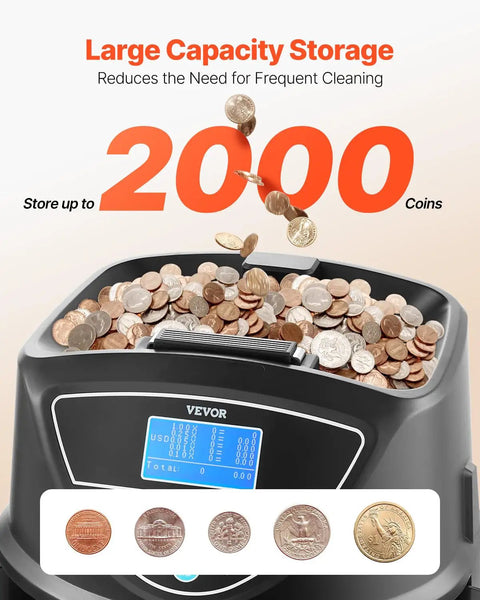 Coin Counter And Sorter With Intuitive Display, Fast 300 Coins Per Minute, 5 Coin Tubes And 5 Trays, showing large capacity