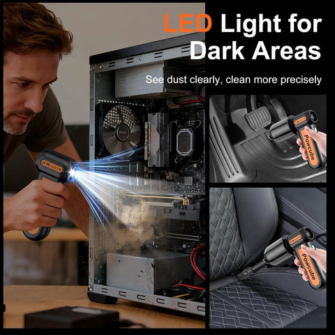 Man using 2 In 1 Go Anywhere Cordless Air Duster And Mini Vacuum With 180000RPM Turbo Motor for computer and car cleaning.