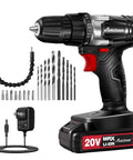 Heavy Duty 20V Cordless Drill And Screwdriver Set With A Smooth 3 8 Inch Chuck, bright work lamp, and reliable lithium ion battery pack.