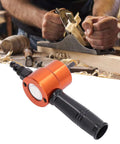 Pro Grade Double Head Electric Nibbler Attachment With 360 Degree Rotating Cutter in front of woodworking with a hand planer.
