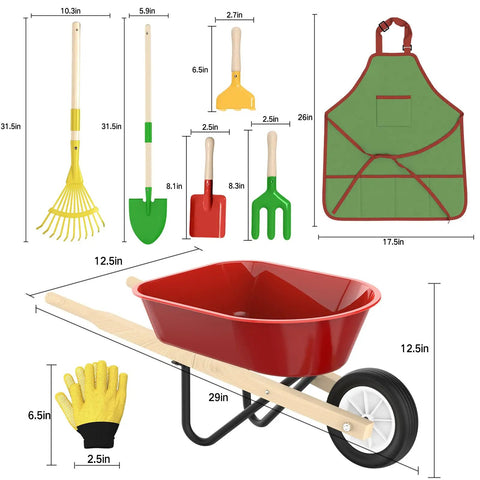 Kid Friendly Gardening Wheelbarrow Set With Real Wheelbarrow, Wooden Tools, Apron, Gloves, Plant Stickers And STEM Guide details