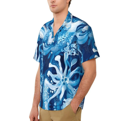 Ice Flowers Print Short Sleeve Shirt With Collar For Yacht Parties And Summer Nights Black Mens Shirt Breathable Soft Fabric Versatile