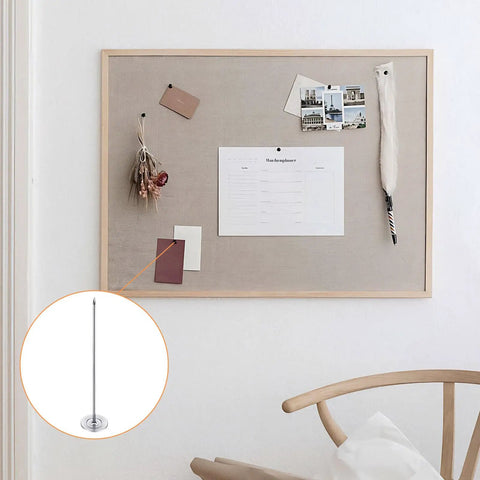 Top Shelf Long Thumb Tacks And Heavy Duty Push Pins, Flat Head Furniture Tacks For Sofa And Headboard Decor, Silver Finished Upholstery Nails Straight Up Diy Essential With Knockout Hold And Quick Install displayed on a bulletin board.