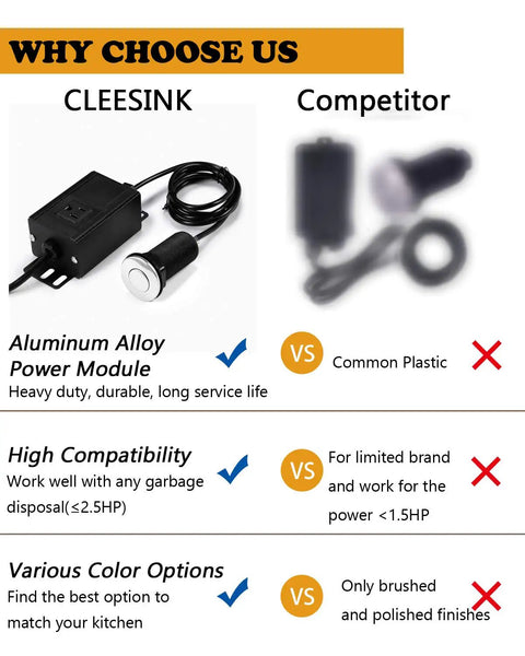 Sink Top Air Switch Kit For Garbage Disposal, Polished Stainless Steel, Long 3.5 Inch Button, comparison with competitor's model.