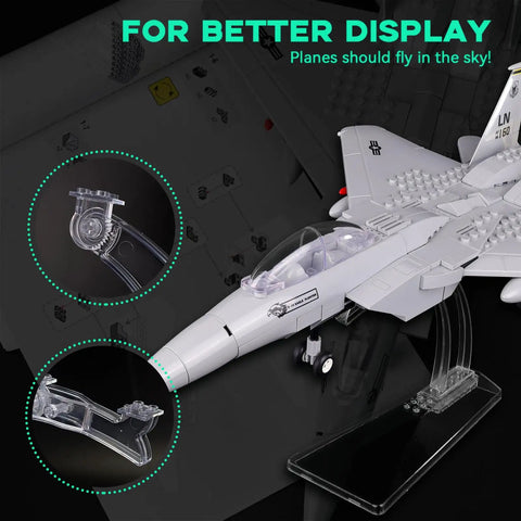 Close-up of Dope F15 Eagle Fighter Jet Model Kit With Display Stand, showcasing detailed cockpit and stand features.