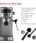 Straight Up Solid Steam Espresso Maker And Coffee Brewer With Handy Milk Frother And Cup Warmer 20 Bar Pressure Build showing included accessories.