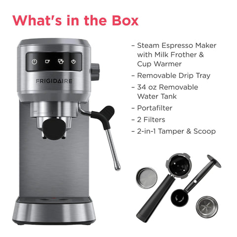 Straight Up Solid Steam Espresso Maker And Coffee Brewer With Handy Milk Frother And Cup Warmer 20 Bar Pressure Build showing included accessories.