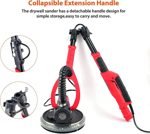 Electric Drywall Sander With Vacuum And LED Lights 750W Pro Grade Power Foldable Handle and Extendable Pole