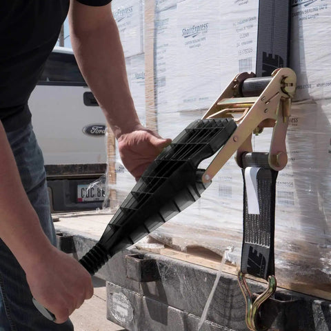 Person using Heavy Duty Ratchet Strap Tightening Handle For 2 Inch 3 Inch And 4 Inch Straps Black Polycarbonate Grip