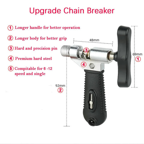 Road Ready Bike Chain Repair Tools Set with detailed diagram of upgraded chain breaker, showing dimensions and features.