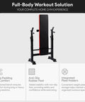 Weight Bench With Squat Rack And Adjustable Recliner in red and black, foldable home gym gear for compact spaces.