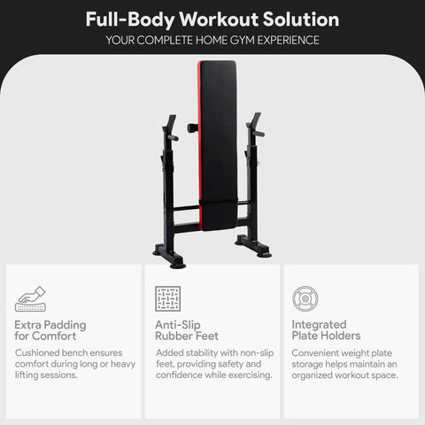 Weight Bench With Squat Rack And Adjustable Recliner in red and black, foldable home gym gear for compact spaces.