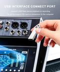 Hand inserting USB into Four Channel Audio Interface Mixer With 256 DSP Bluetooth Connectivity 48V Phantom Power And Two 350W Amplifiers