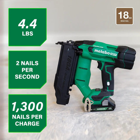 18V MultiVolt Brushless Compact Cordless Brad Nailer Kit With 2.0Ah Battery Drives Five Eighths To Two Inch Nails, side view with specs