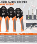 Pro Grade All In One Closed Barrel Crimp Tool Kit For Weather Pack And Deutsch DT Connectors displayed with crimp tools and connectors