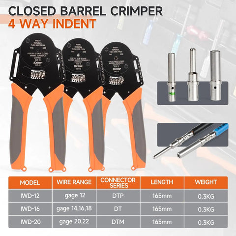 Pro Grade All In One Closed Barrel Crimp Tool Kit For Weather Pack And Deutsch DT Connectors displayed with crimp tools and connectors