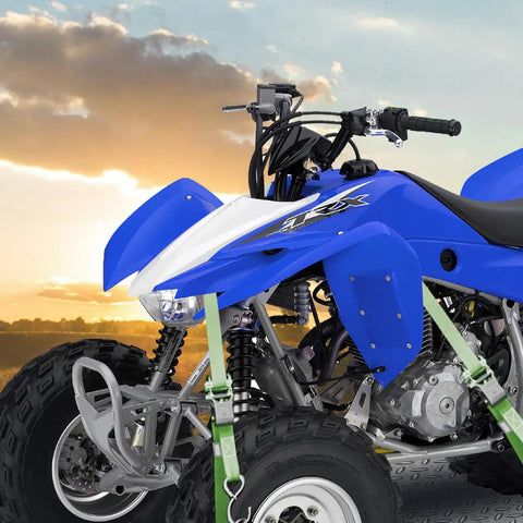 Heavy Duty Ratchet Tie Down Straps Workhorse Cinch Lockdown 1500 Lbs Break Strength 1 Inch By 15 Feet securing blue ATV in sunset.