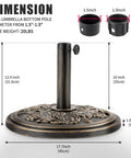 Heavy 20 Pound Patio Umbrella Base Stand With Antique Bronze Rose Medallion Finish Fits 1.5 To 1.9 Inch Poles With Adapters