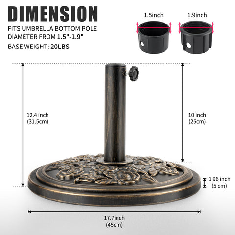Heavy 20 Pound Patio Umbrella Base Stand With Antique Bronze Rose Medallion Finish Fits 1.5 To 1.9 Inch Poles With Adapters